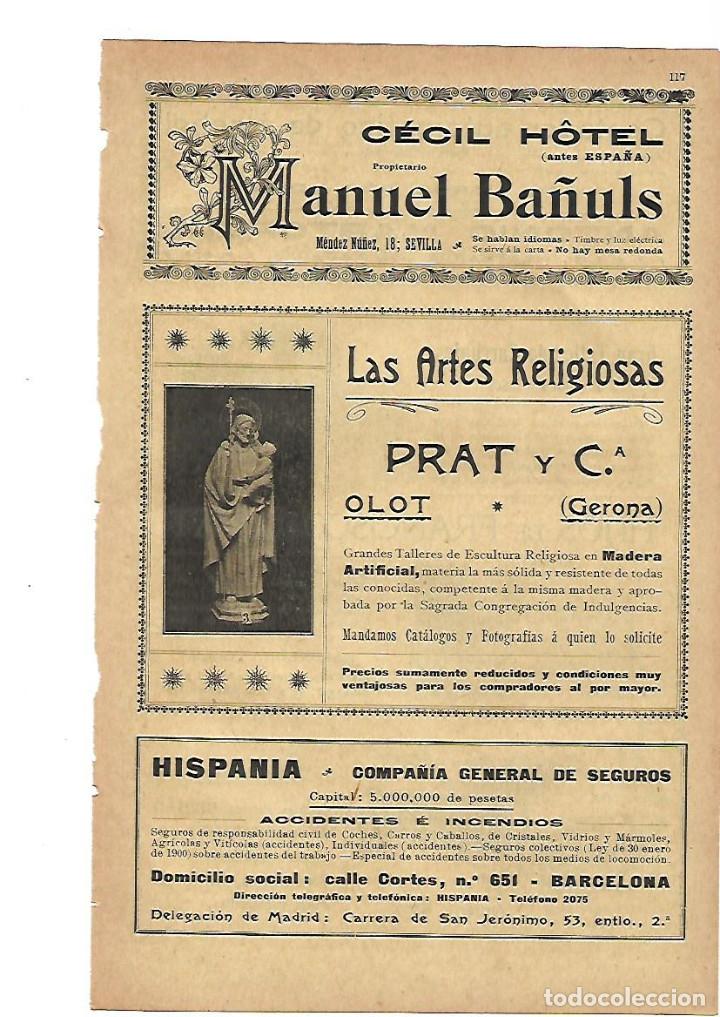 Coleccionismo: A&Ntilde;O 1905 PUBLICIDAD CECIL HOTEL MANUEL BA&Ntilde;ULS SEVILLA LAS ARTES RELIGIOSAS PRAT OLOT HISPANIA SEGURO