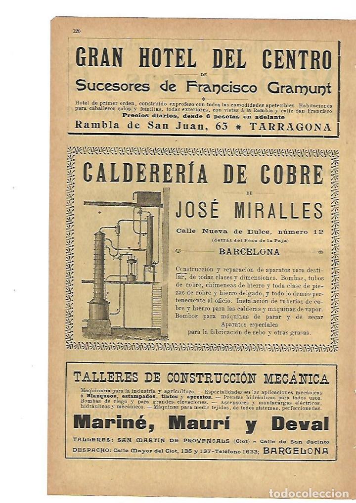 Coleccionismo: A&Ntilde;O 1905 PUBLICIDAD TARRAGONA HOTEL DEL CENTRO GRAMUNT CALDERERIA JOSE MIRALLES MARINE MAURI Y DEVAL