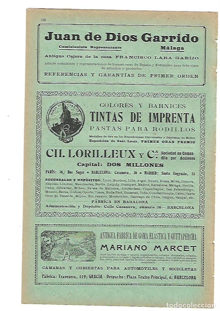 Collecting paper: A&Ntilde;O 1905 PUBLICIDAD JUAN DE DIOS GARRIDO MALAGA LORILLEUX TINTA BADALONA MARIANO MARCET GOMA ELASTIC