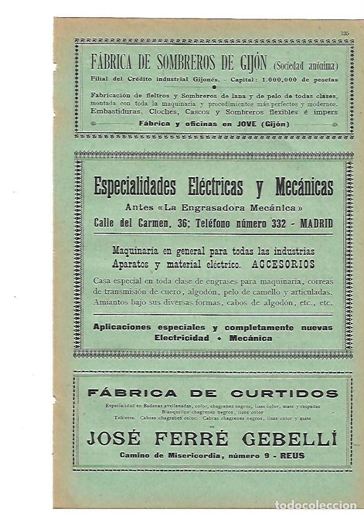 Collecting paper: A&Ntilde;O 1905 PUBLICIDAD FABRICA SOMBREROS GIJON JOSE FERRE GEBELLI CURTIDOS REUS MADRID LA ENGRASADORA