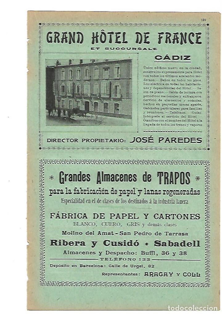 Colecionismo: A&Ntilde;O 1905 PUBLICIDAD GRAND HOTEL DE FRANCE CADIZ JOSE PAREDES RIBERA CUSIDO SABADELL TRAPOS PAPEL