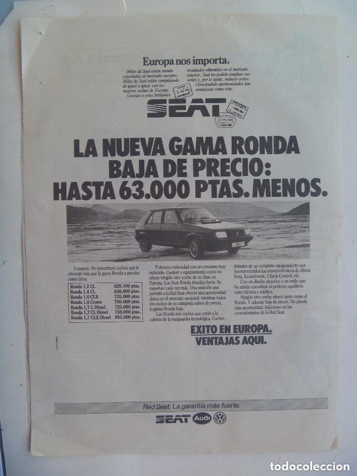 Coleccionismo: HOJA DE PERIODICO CON PUBLICIDAD DEL SEAT RONDA , A&Ntilde;OS 80.