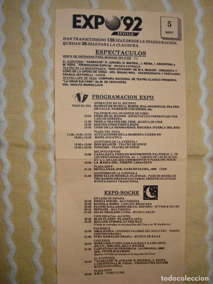 Coleccionismo: PANFLETO DE ESPECTACULOS DIA 5 DE SEPTIEMBRE 1992, EXPO 92 SEVILLA