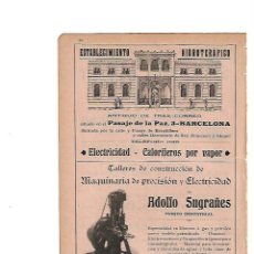 Coleccionismo: AÑO 1910 PUBLICIDAD ADOLFO SUGRAÑES MAQUINARIA ESTABLECIMIENTO HIDROTERAPICO TRAS CORREO