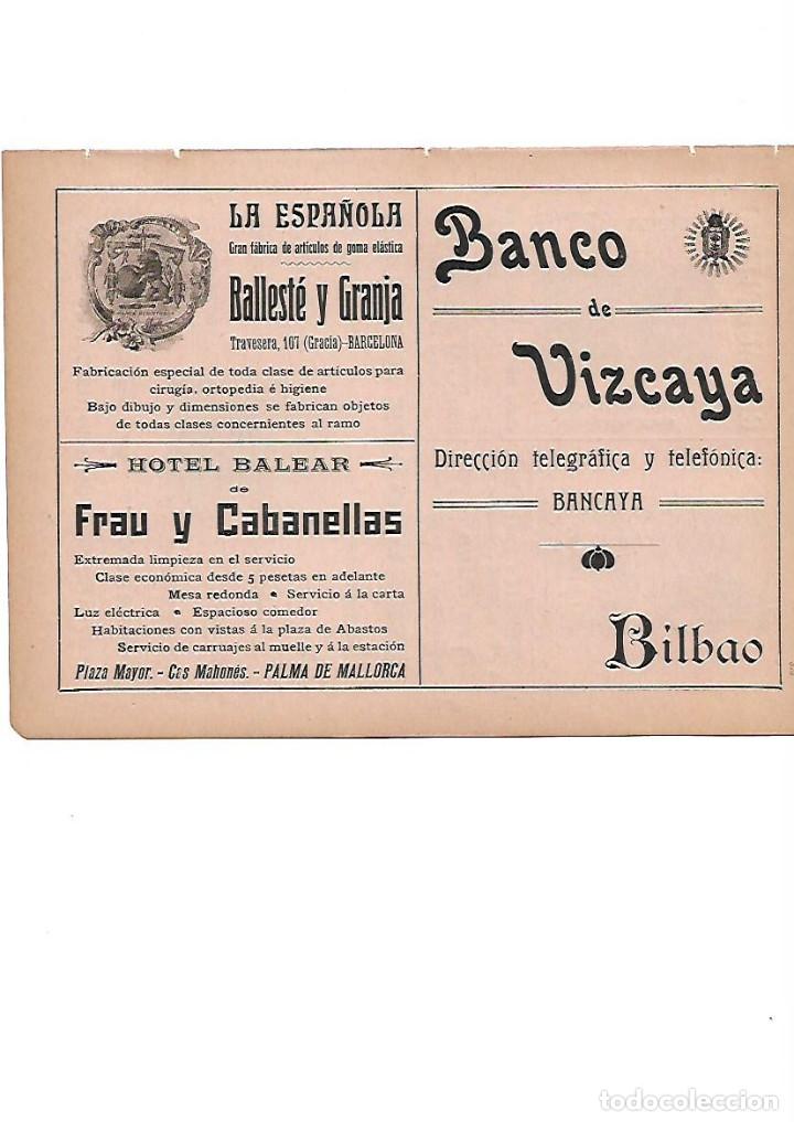 Colecionismo: A&Ntilde;O 1910 PUBLICIDAD BANCO DE VIZCAYA BILBAO HOTEL BALEAR FRAU CABANELLAS LA ESPA&Ntilde;OLA BALLESTE GRANJA