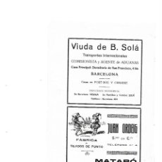 Coleccionismo: AÑO 1910 PUBLICIDAD VIUDA DE B SOLA AGENTE ADUANAS JUAN ORDEIG FABRICA PUNTO MATARO