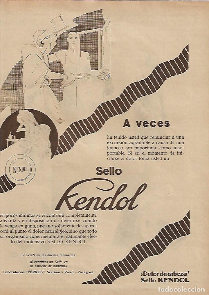 Coleccionismo: A&Ntilde;O 1928 RECORTE PRENSA PUBLICIDAD SELLO KENDOL CALMANTE DOLOR DE CABEZA