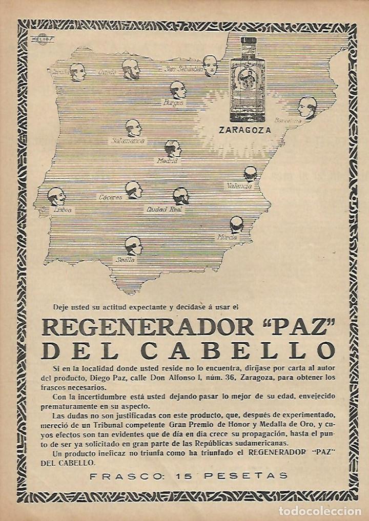Colecionismo: A&Ntilde;O 1922 RECORTE PRENSA PUBLICIDAD REGENERADOR PAZ DEL CABELLO DIEGO PAZ ZARAGOZA
