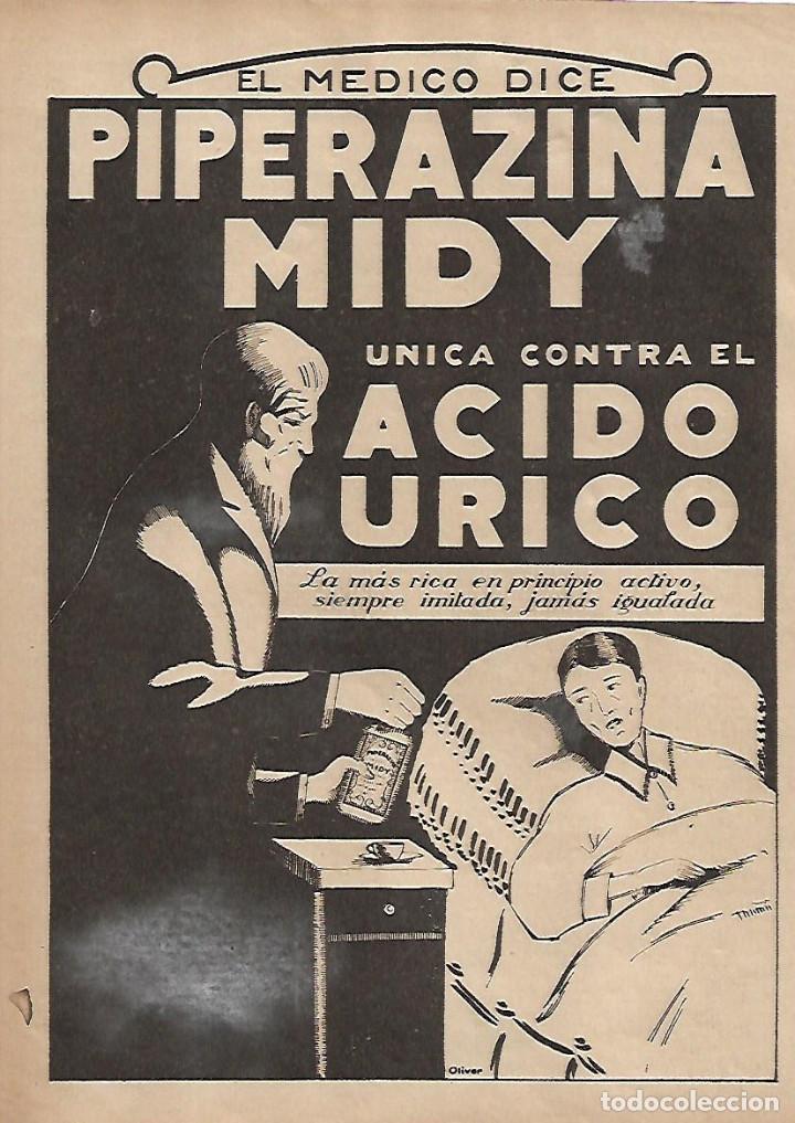 Collezionismo: A&Ntilde;O 1924 RECORTE PRENSA PUBLICIDAD PIPERAZINA MIDY ACIDO URICO