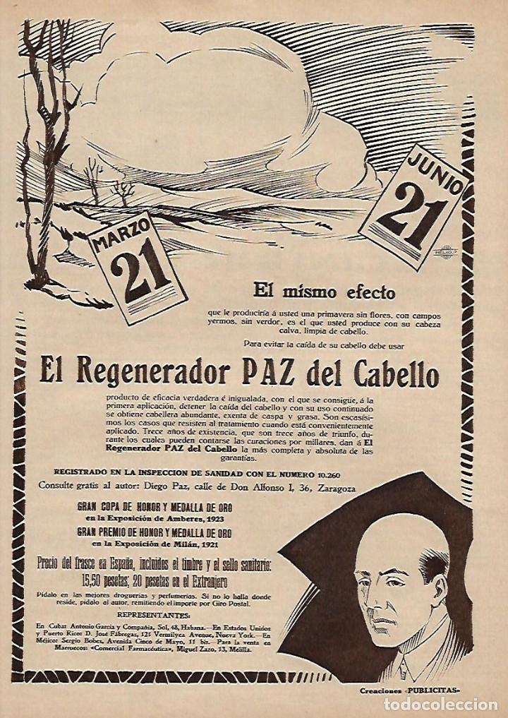 Collectionnisme: A&Ntilde;O 1928 RECORTE PRENSA PUBLICIDAD REGENERADOR PAZ DEL CABELLO DIEGO PAZ ZARAGOZA