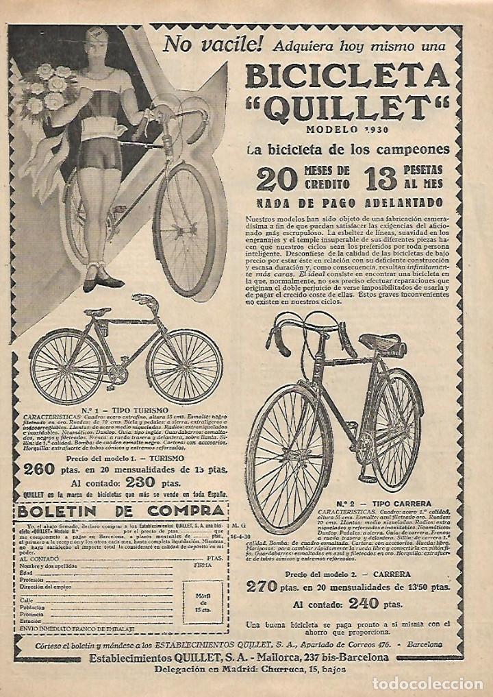 Colecionismo: A&Ntilde;O 1930 RECORTE PRENSA PUBLICIDAD BICICLETA QUILLET