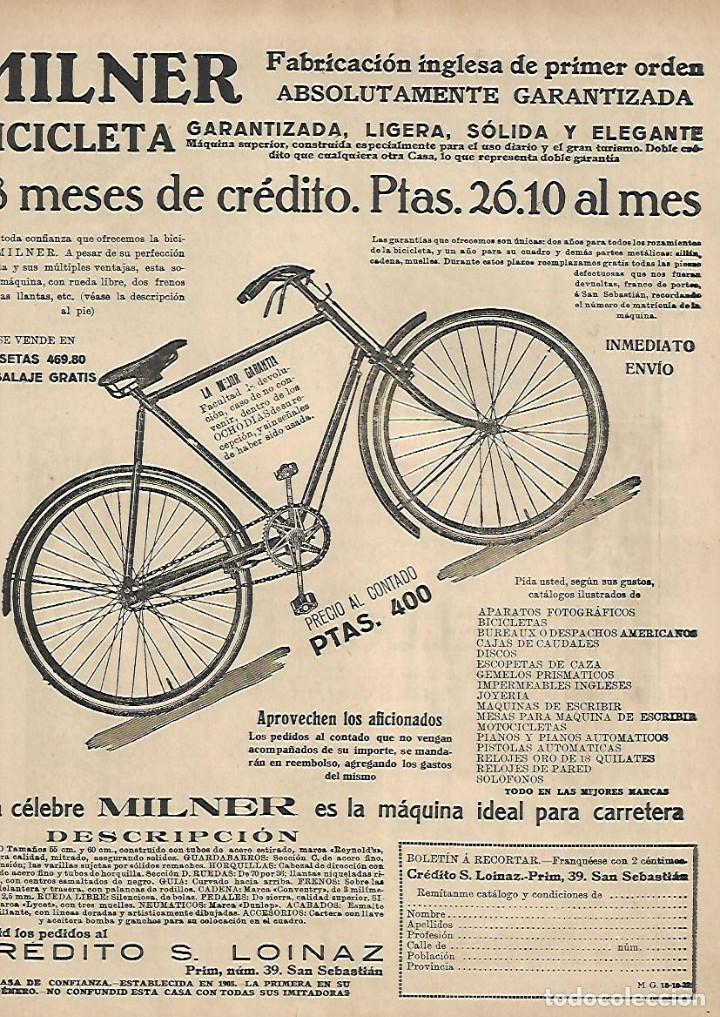 Colecionismo: A&Ntilde;O 1922 RECORTE PRENSA PUBLICIDAD BICICLETA MILNER CREDITO LOINAZ SAN SEBASTIAN