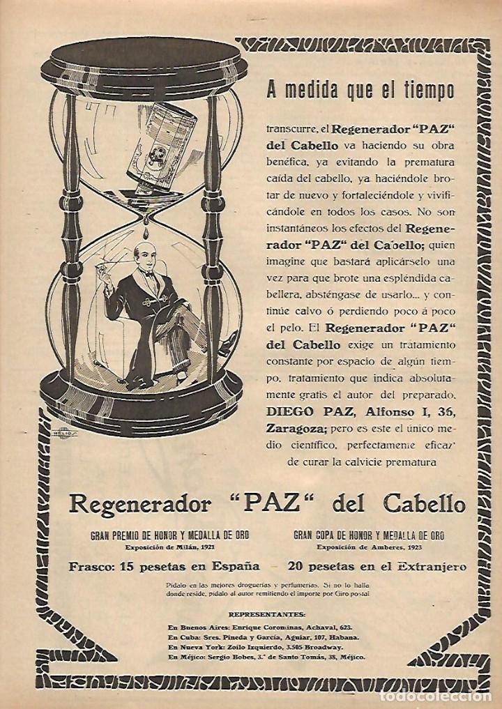 Collecting paper: A&Ntilde;O 1924 RECORTE PRENSA PUBLICIDAD REGENERADOR PAZ DEL CABELLO DIEGO PAZ ZARAGOZA