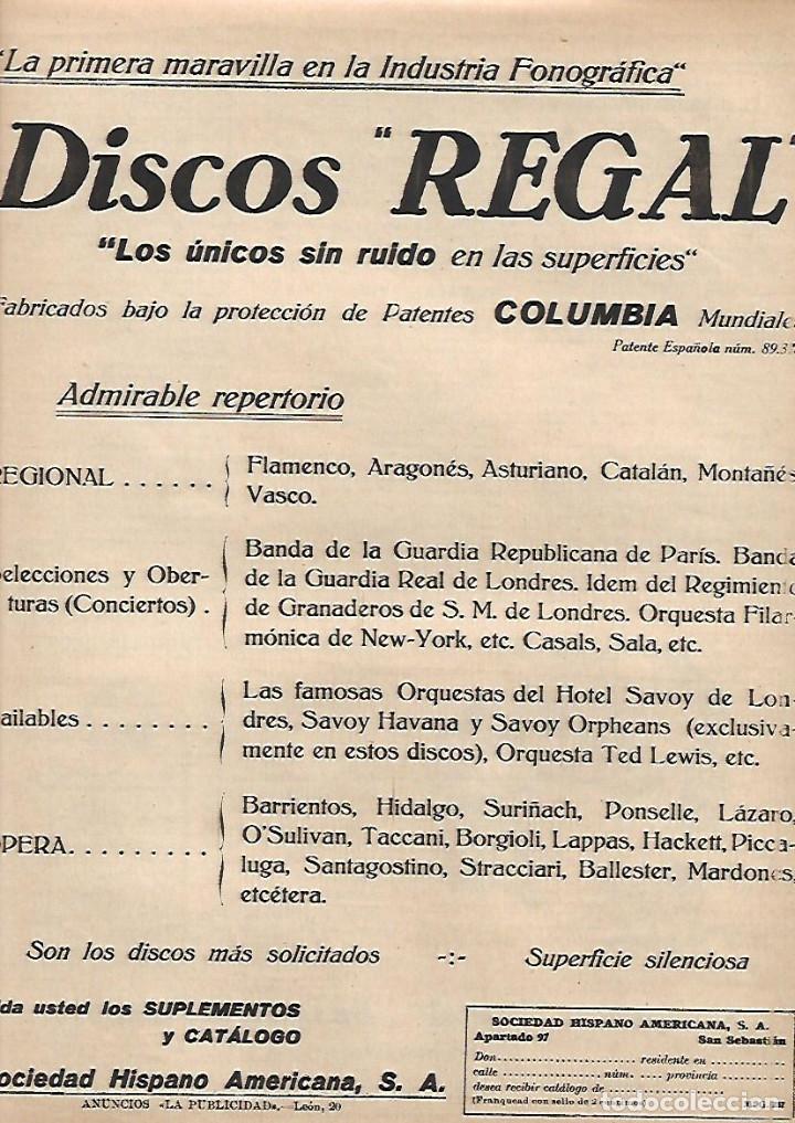 Collecting paper: A&Ntilde;O 1924 RECORTE PRENSA PUBLICIDAD DISCOS REGAL PARA FONOGRAFO SOCIEDAD HISPANO AMERICANA