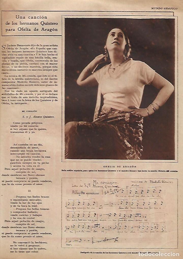 Collectionnisme: A&Ntilde;O 1929 RECORTE PRENSA MUSICA UNA CANCION HERMANOS QUINTERO PARA OFELIA DE ARAGON MI CORAZON
