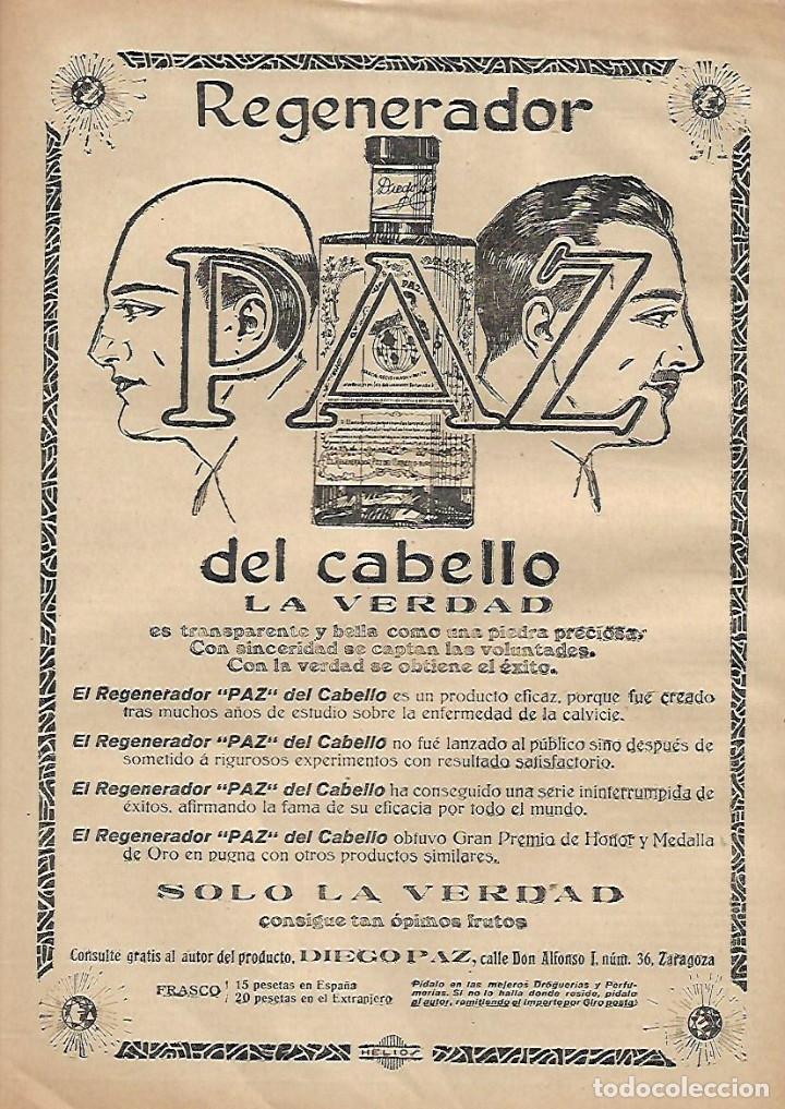 Sammelleidenschaft Papier: A&Ntilde;O 1923 RECORTE PRENSA PUBLICIDAD REGENERADOR PAZ DEL CABELLO DIEGO PAZ ZARAGOZA