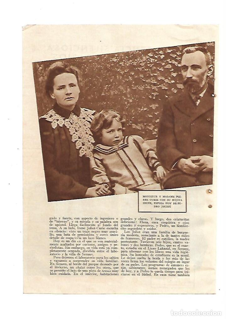 Collectionnisme: A&Ntilde;O 1936 RECORTE PRENSA ENTREVISTA MARIE PIERRE CURIE FAMILIA JOLIOT CURIE PREMIO NOBEL