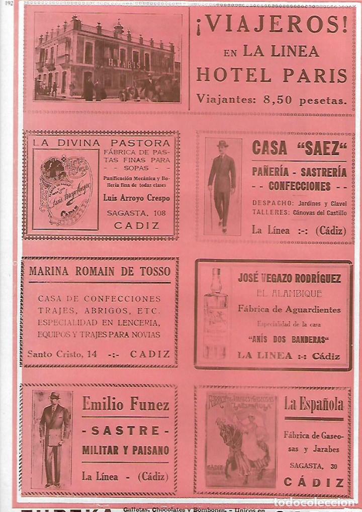 Collectionnisme: &Ntilde;O 1927 PUBLICIDAD LA LINEA CADIZ HOTEL PARIS CASA SAEZ EMILIO FUNEZ SASTRE ANIS DOS BANDERAS VEGAZO