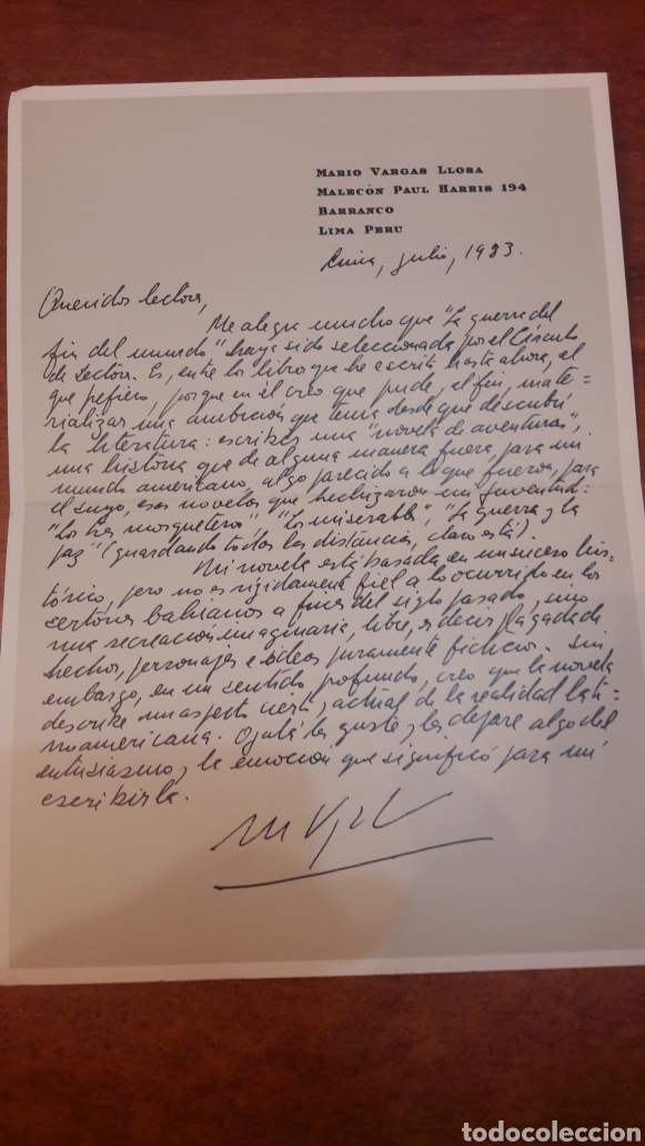 Coleccionismo: 1983 Mario Vargas Llosa Lima Peru - Foto 2