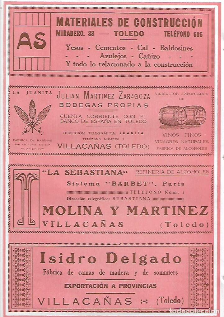 Coleccionismo: A&Ntilde;O 1927 PUBLICIDAD VILLACA&Ntilde;AS TOLEDO BODEGAS LA JUANITA JULIAN MARTINEZ LA SEBASTIANA MOLINA BARBET