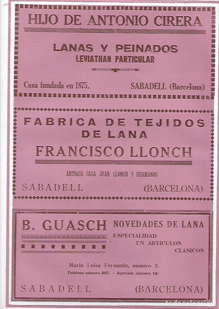 Collezionismo: A&Ntilde;O 1927 PUBLICIDAD SABADELL ANTONIO CIRERA LANAS FRANCISCO LLONCH FABRICA LANA B GUASCH