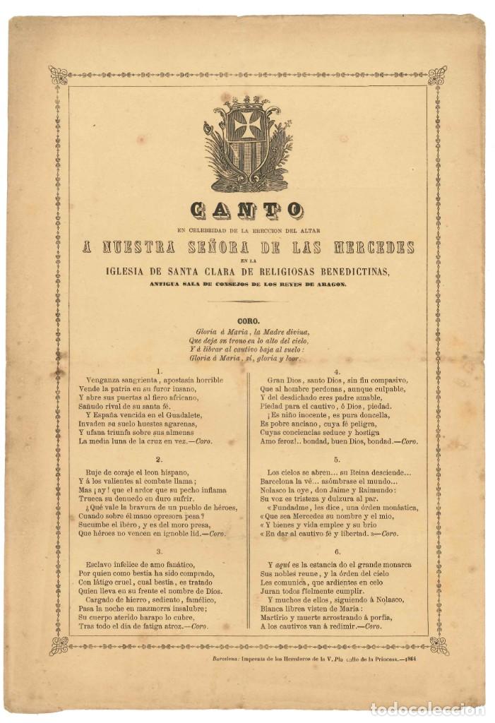 Coleccionismo: GOZOS.- CANTO A NUESTRA SE&Ntilde;ORA DE LAS MERCEDES. IGLESIA DE SANTA CLARA. BARCELONA- 1864