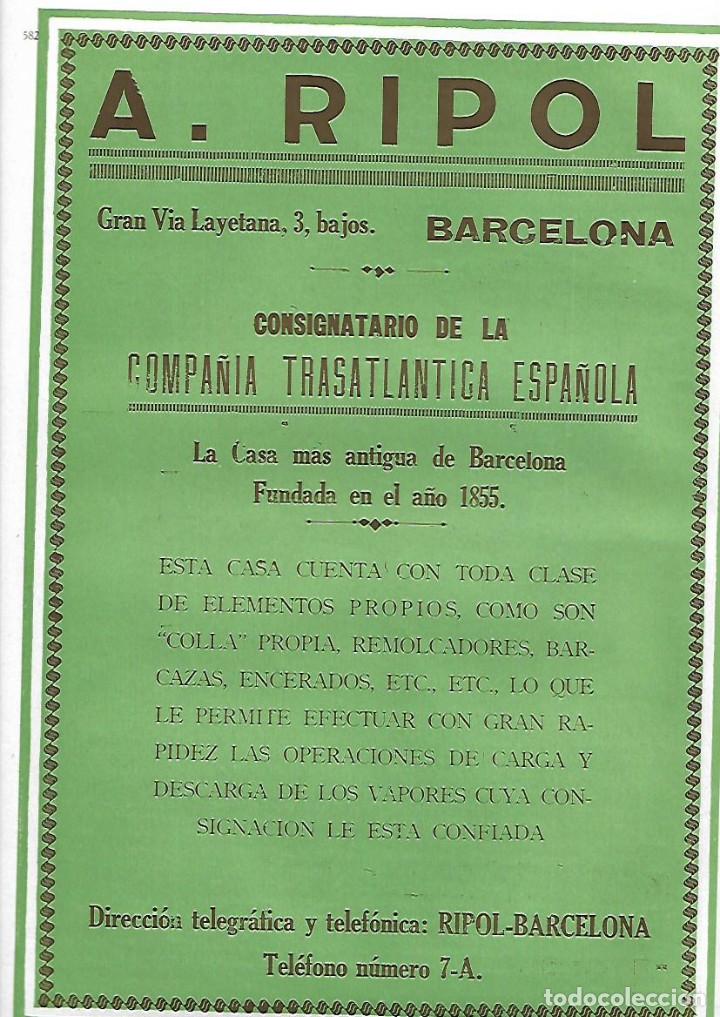 Collectionnisme: A&Ntilde;O 1927 PUBLICIDAD A RIPOL COMPALIA TRASATLANTICA ESPA&Ntilde;OLA BARCELONA COLLA PROPIA BARCAZAS
