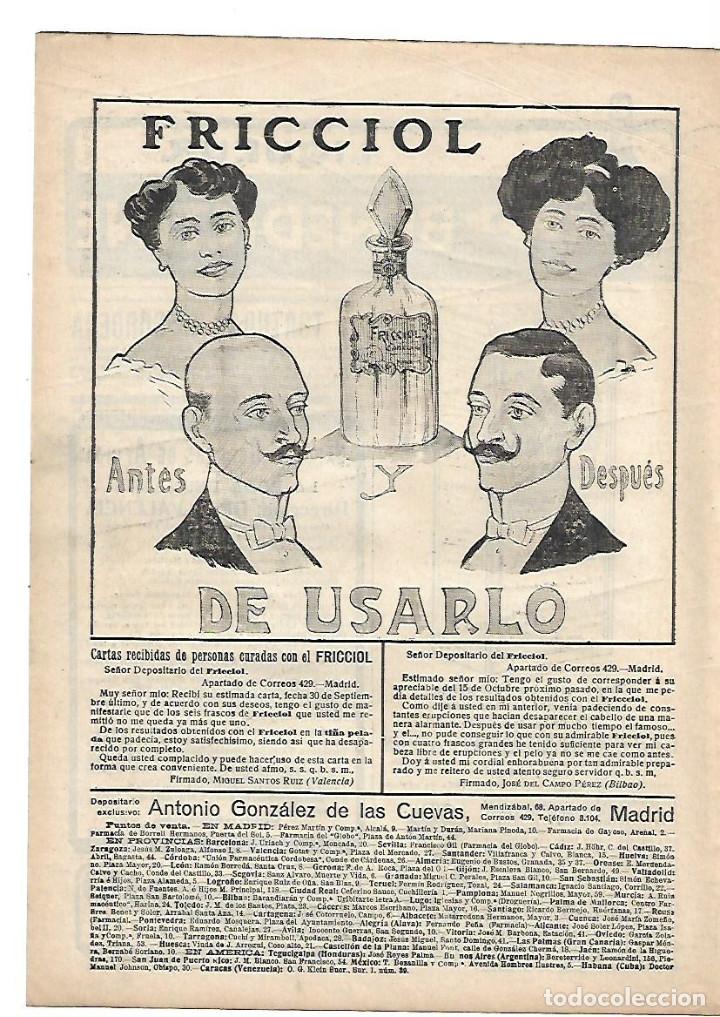 Collectionnisme: A&Ntilde;O 1912 RECORTE PRENSA PUBLICIDAD FRICCIOL CABELLO CALVICIE ANTONIO GONZALEZ DE LAS CUEVAS MADRID