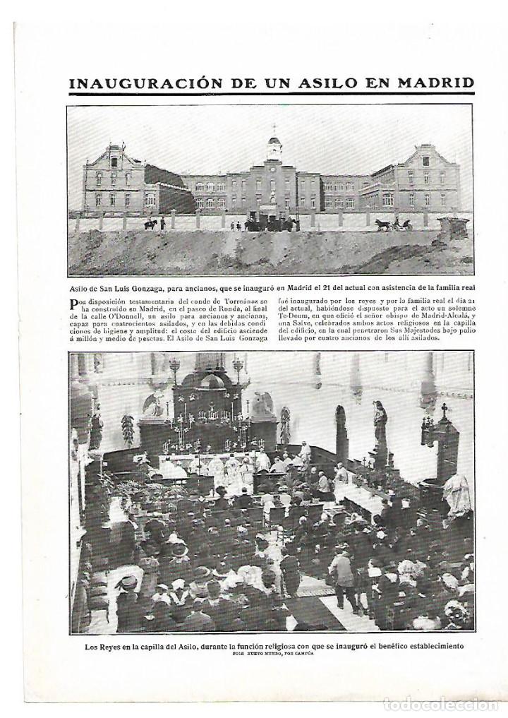 Coleccionismo: A&Ntilde;O 1910 RECORTE PRENSA MADRID INAUGURACION ASILO SAN LUIS GONZAGA ASISTENCIA FAMILIA REAL REYES