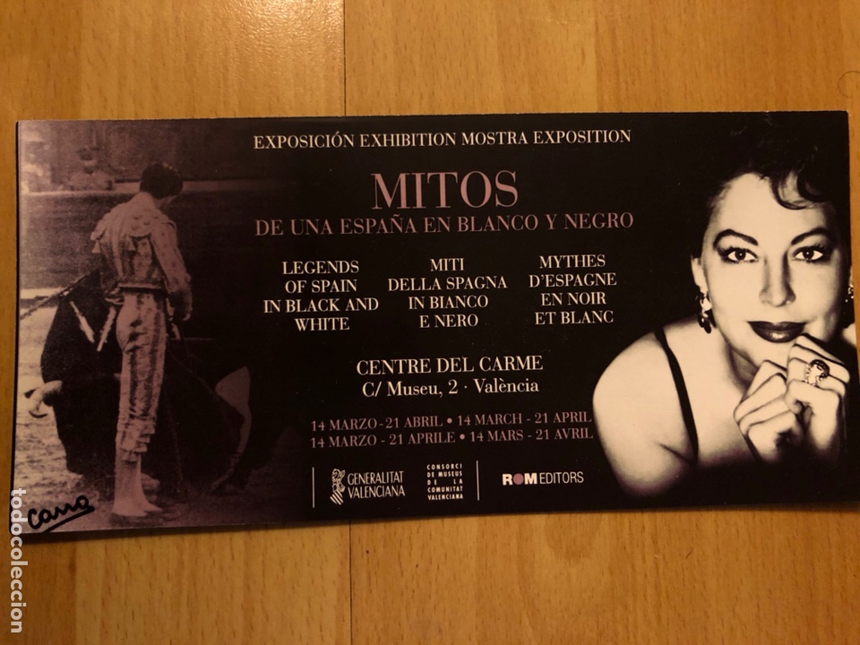 Coleccionismo: Tarjeta exposici&oacute;n mitos de una espa&ntilde;a en blanco y negro.valencia.ava gardner torero foto cano