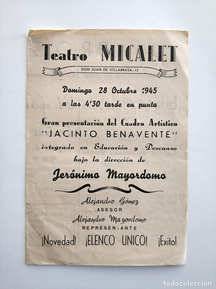 Coleccionismo: antiguo programa teatro micalet 1945 el novio de do&ntilde;a ines, jacinto benavente, pili de rueda