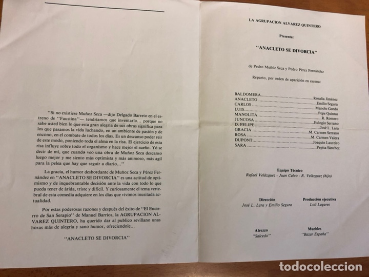 Coleccionismo: Programa teatro Alvarez Quintero sevilla Anacleto se divorcia - Foto 2