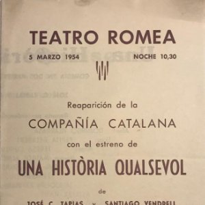 1954 Teatro Romea. Programa de mano. Una història qualsevol 13,8x21,5 cm