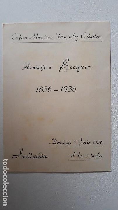 Coleccionismo: Invitacion. Orfeon Murciano Fernandez Caballero. Homenaje a Becquer 1836- 1936. Murcia, 1936