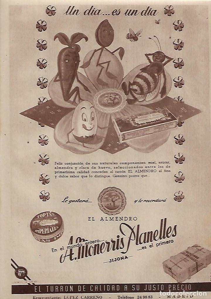 Collezionismo: A&Ntilde;O 1955 RECORTE PRENSA PUBLICIDAD TURRON TURRONES EL ALMENDRO MONERRIS PLANELLLES JIJONA