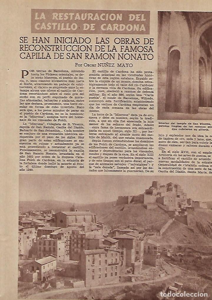 Coleccionismo: A&Ntilde;O 1955 RECORTE PRENSA RESTAURACION DEL CASTILLO DE CARDONA CASTELL CAPILLA SANT RAMON NONAT