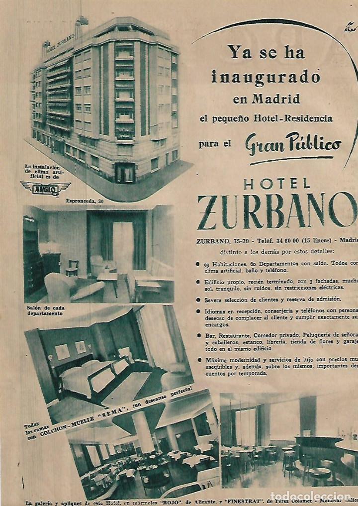 Collezionismo: A&Ntilde;O 1955 RECORTE PRENSA PUBLICIDAD HOTEL RESIDENCIA ZURBANO MADRID RECIEN INAUGURADO