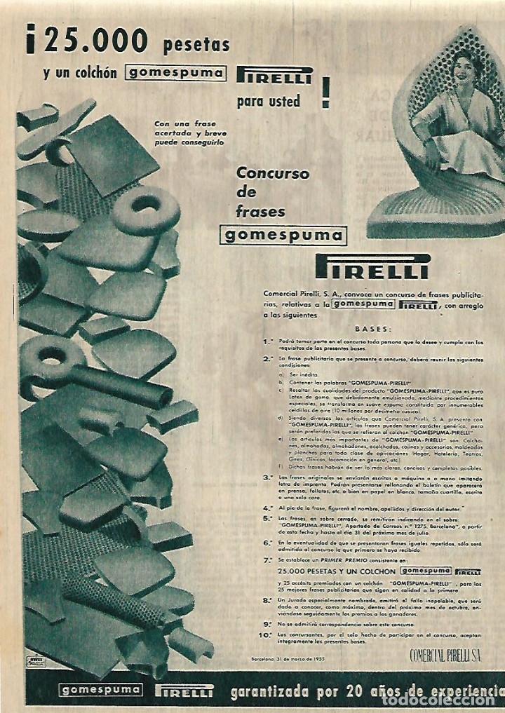 Collectionnisme: A&Ntilde;O 1955 RECORTE PRENSA PUBLICIDAD PIRELLI NEUMATICOS RUEDAS AUTOMOVIL CONCURSO FRASES GOMESPUMA