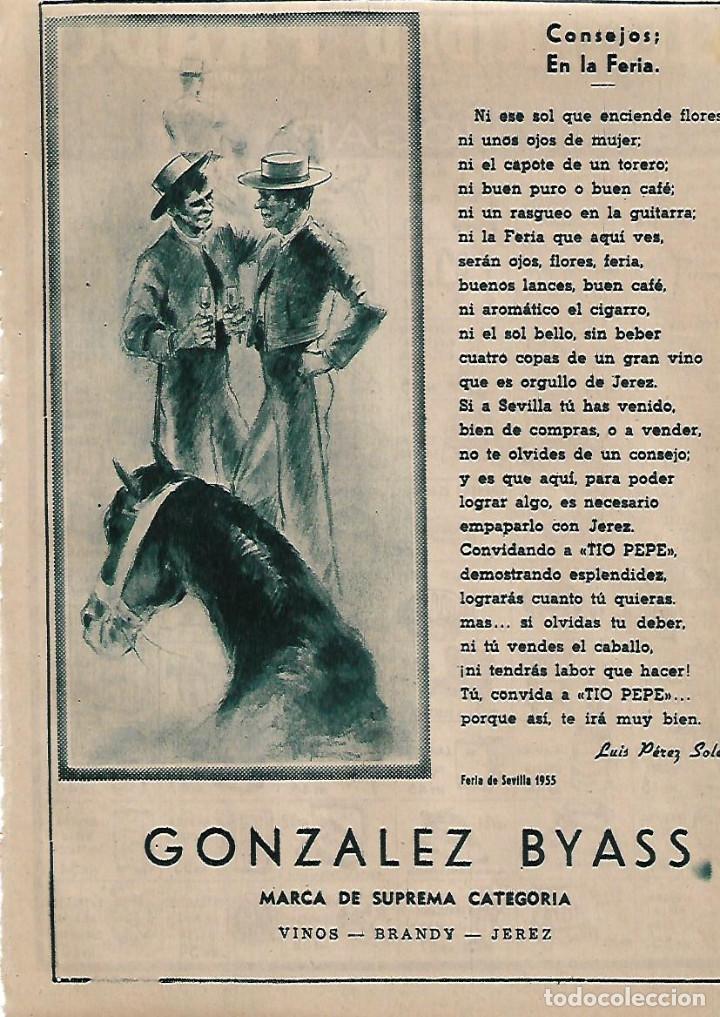 Colecionismo: A&Ntilde;O 1955 RECORTE PRENSA PUBLICIDAD BEBIDAS GONZALEZ BYASS BRANDY  LUIS PEREZ SOLERO CONSEJOS FERIA