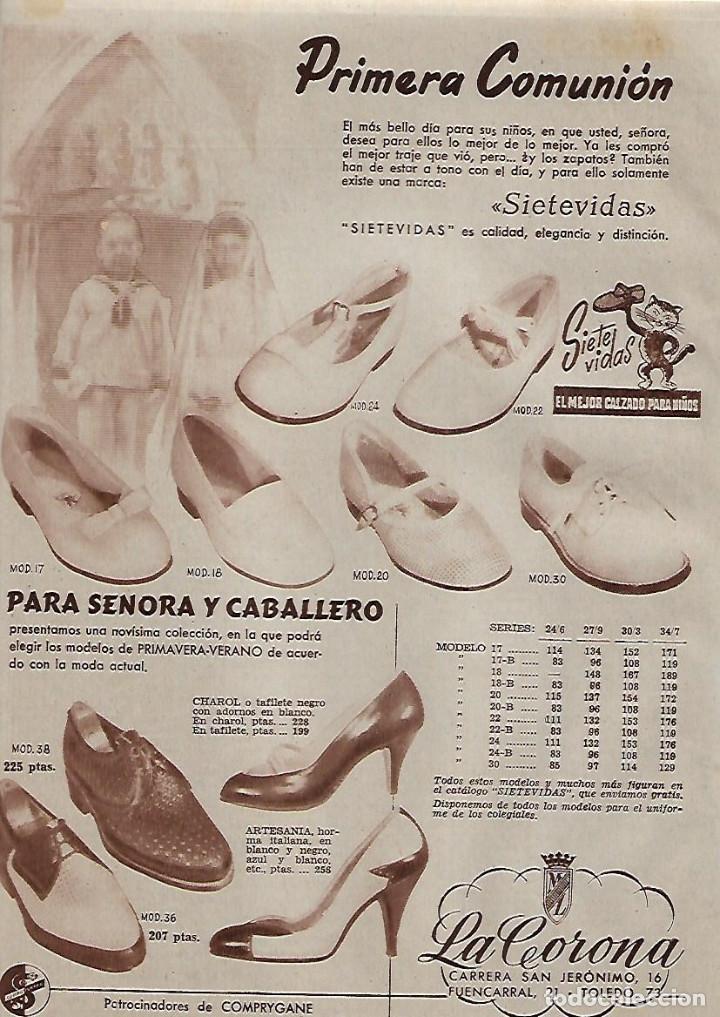 Colecionismo: A&Ntilde;O 1956 RECORTE PRENSA PUBLICIDAD CALZADOS LA CORONA SIETE VIDAS ZAPATOS PRIMERA COMUNION