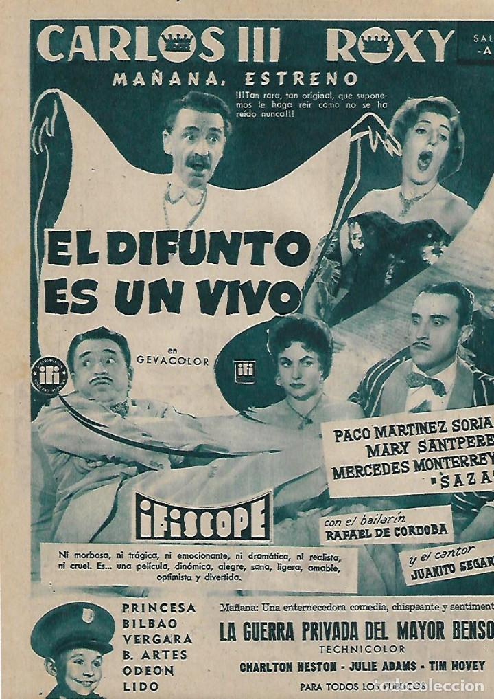 Colecionismo: A&Ntilde;O 1956 RECORTE PRENSA PUBLICIDAD CINE ESPA&Ntilde;OL EL DIFUNTO ES UN VIVO MARY SANTPERE  MARTINEZ SORIA
