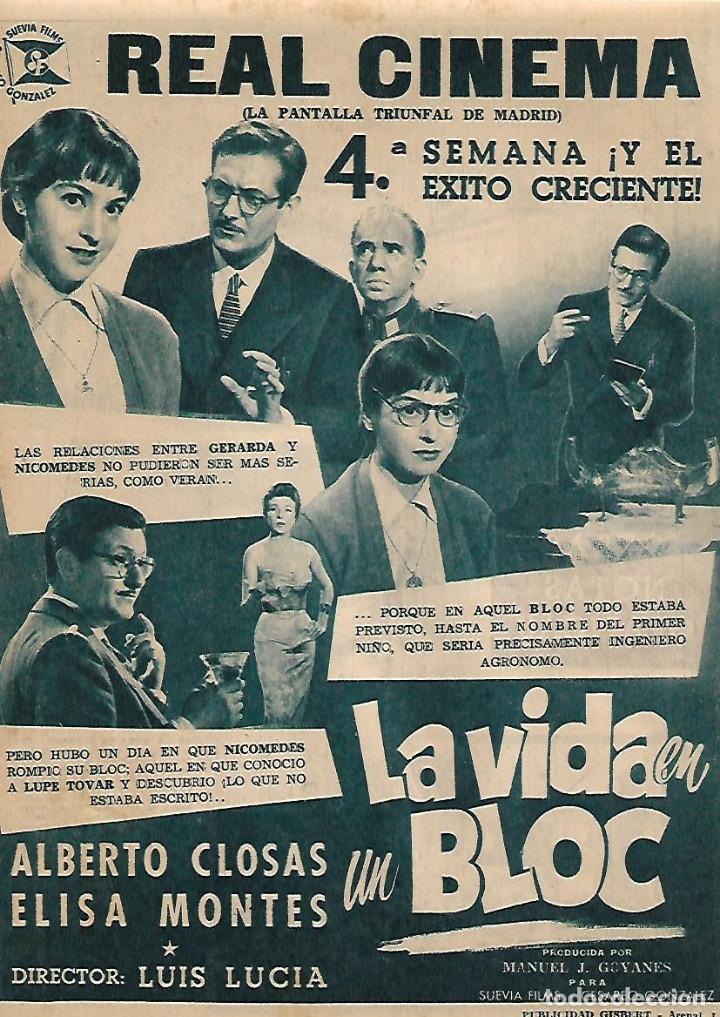Sammelleidenschaft Papier: A&Ntilde;O 1956 RECORTE PRENSA PUBLICIDAD CINE ESPA&Ntilde;OL PELICULA LA VIDA EN UN BLOC ALBERTO CLOSAS