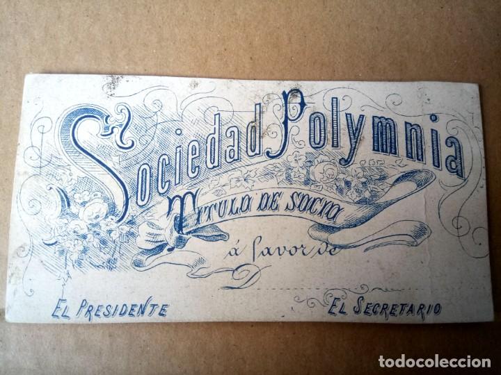 Coleccionismo: SOCIEDAD POLYMNIA, T&Iacute;TULO DE SOCIO - Foto 1