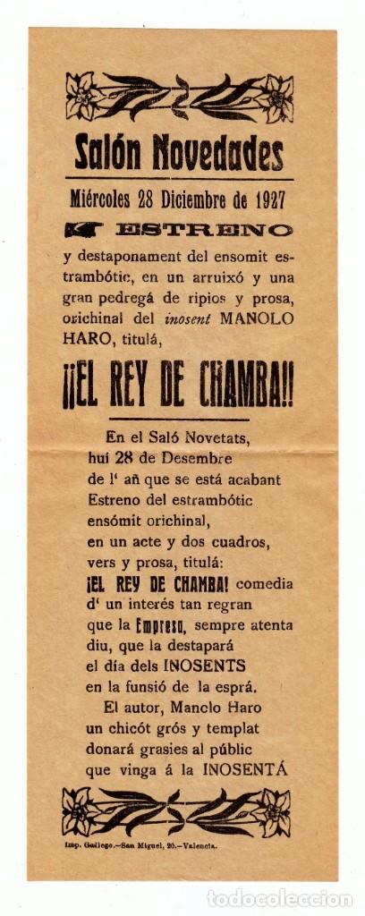 Coleccionismo: Antiguo folleto Sal&oacute;n Novedades Valencia Comedia El rey de Chamba, Manolo Haro D&iacute;a Inocentes 1927 aa