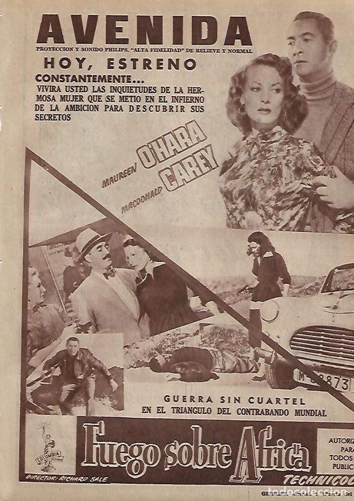 Collectionnisme: A&Ntilde;O 1955 RECORTE PRENSA PUBLICIDAD CINE PELICULA FUEGO SOBRE AFRICA MAUREEN O'HARA
