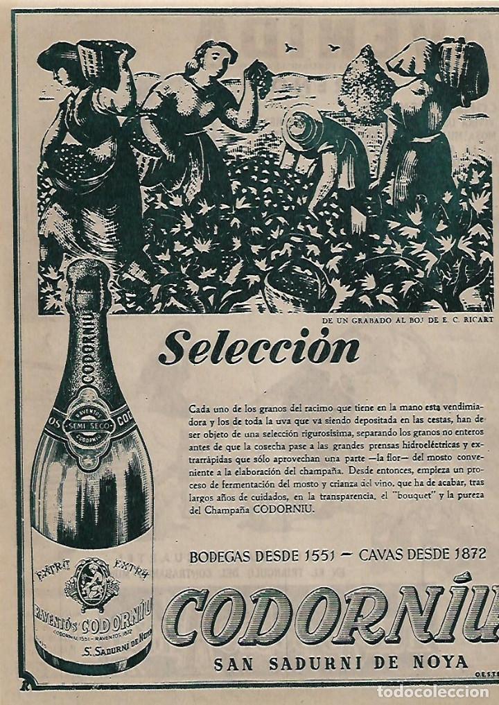 Coleccionismo: A&Ntilde;O 1955 RECORTE PRENSA PUBLICIDAD BEBIDAS CODORNIU CAVA CHAMPA&Ntilde;A CHAMPAN SELECCION