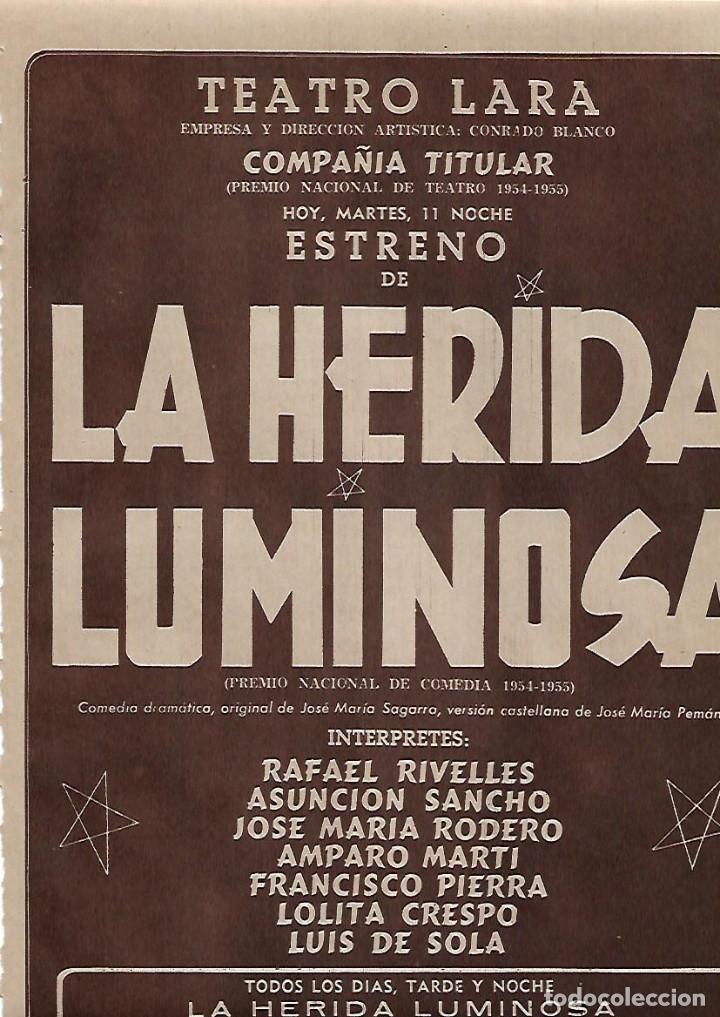 Collecting paper: A&Ntilde;O 1955 RECORTE PRENSA PUBLICIDAD OBRA TEATRO LARA LA HERIDA LUMINOSA RAFAEL RIVELLES