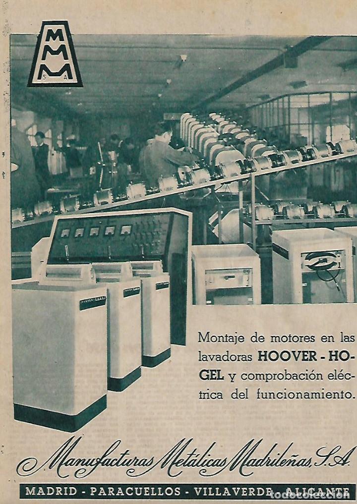 Coleccionismo: A&Ntilde;O 1955 RECORTE PRENSA PUBLICIDAD MANUFACTURAS METALICAS MADRILE&Ntilde;AS MOTOR LAVADORA HOOVER HOGEL