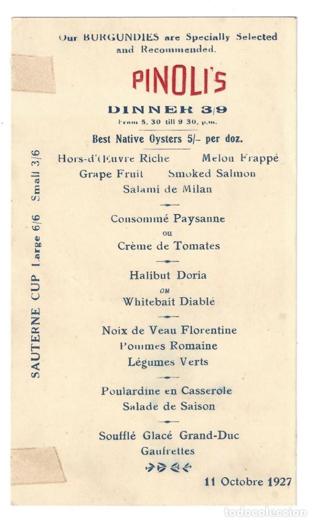 Coleccionismo: MEN&Uacute;.- PINOLI'S. DINNER. LONDON. LONDRES- 1927
