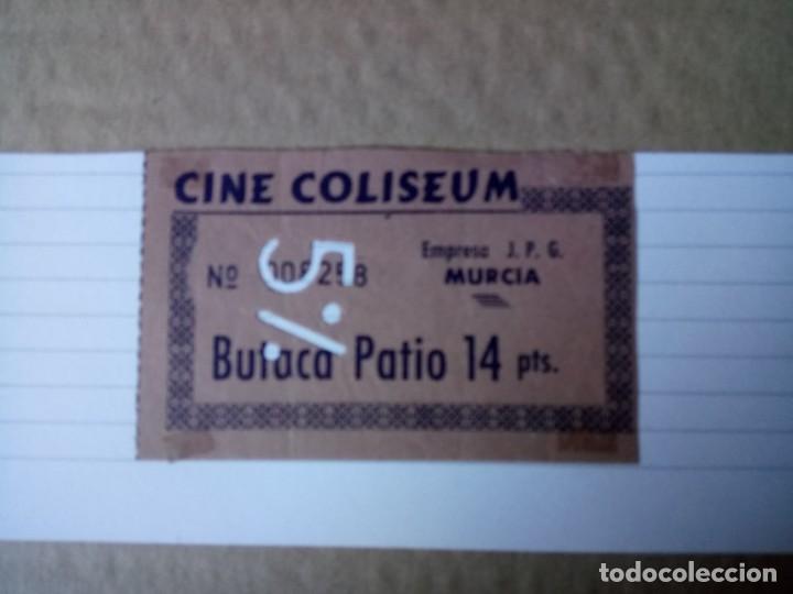 Collecting paper: ENTRADA DE CINE, CINE COLISEUM, EMPRESA JOG MURCIA, BUTACA DE PATIO